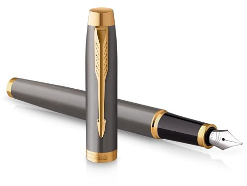 PARKER IM Fountain Pen | Grey Lacquer with Gold Trims | Medium Polished Stainless Steel Nib | Blue Ink Cartridge Refill | Gift Box | Perfect Graduation Gifts