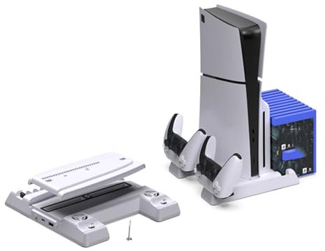 XinGeeek Kühlstation mit Controller, Ladestation für PS5/PS5 Slim Disc/Digitale Konsole, Standkühler für PS5, schlankes Zubehör mit Spielschlitzen