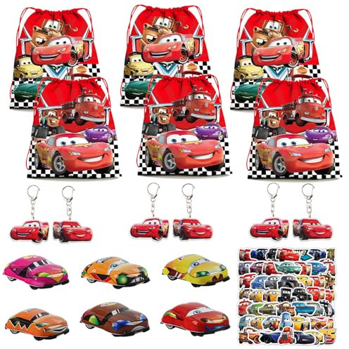 Gxhong Cars Kinder Partygeschenk, Racing Car Geburtstag Party Mitgebsel, 6 Cartoon Turnbeutel + 6 Schlüsselanhänger + 6 Spielzeugauto + 50 Rennauto Themen Aufkleber, für Mädchen Jungen Gastgeschenke