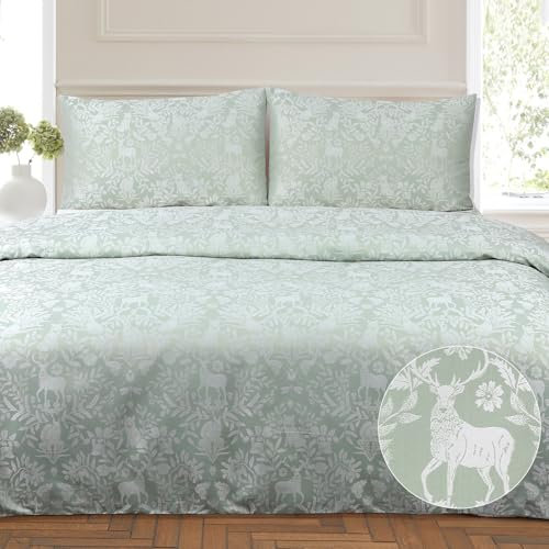 Chlophy Woodland Bettbezug-Set für Doppelbett, Salbeigrün, Waldtiere, Fuchs, Hirsch, Blumen, strukturierte Blumenblätter, luxuriöses Cottage, Eichhörnchen, Biene, Insekten-Bettwäsche-Set, 200 x 200 cm