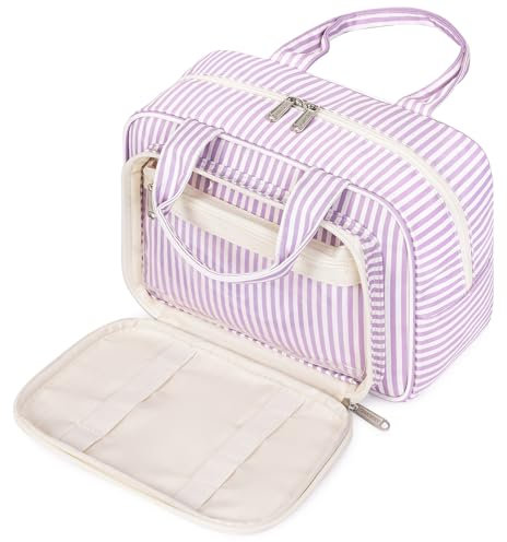 Kulturtasche Damen Gross & Kosmetiktasche Groß, Waschtasche Damen Make up Tasche für Herren & Volle Größe Kulturbeutel für Kinder (Lila Streifen)