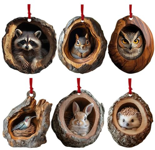 Lot de 6 décorations d'arbre de Noël en Acrylique en Forme de Hibou Raton Laveur, Pendentif 2D en Forme d'écureuil Raton Laveur, Impression d'animaux d'arbre de Noël, décoration d'animaux de la forêt