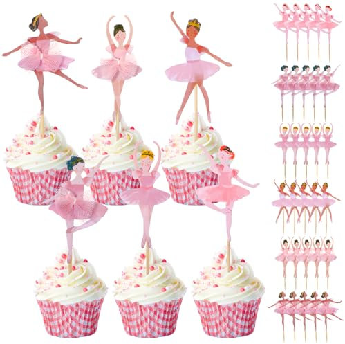 COMNICO 36Pcs Ballerina Cake Topper, Pink Ballerina Cupcake Toppers Ballet Slipper Cupcake Picks Dancing Cake Decorations Dessert Muffin Toppers for Wedding Bridal Shower Birthday Party Supplies