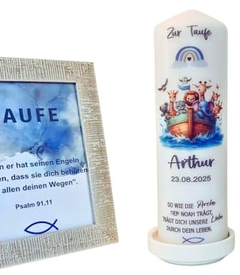 Taufkerze Mädchen oder für Jungen mit Taufspruch, Arche Noah 25 cm x 8 cm, personalisierte Kerze, bedruckte Kerze zur Taufe, Stumpenkerze zur Taufe,...