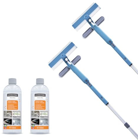 Livington Window Buddy - Doppelpack inkl. 2X Spezialreiniger - Fensterreinigungsgerät - Fensterreiniger mit Teleskopstange - Fensterabzieher