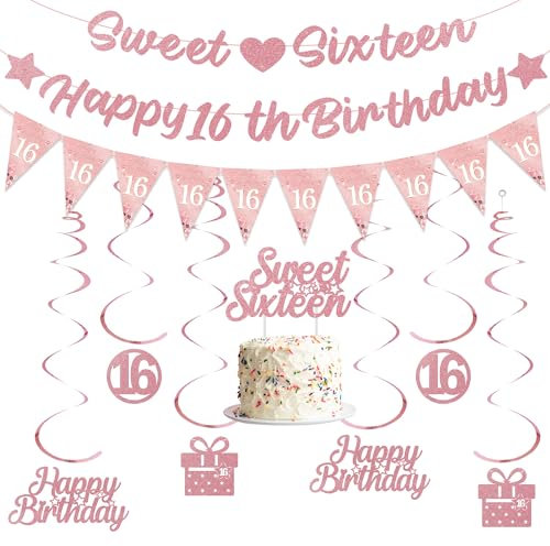Sroeeshee 16th Birthday Decorations Girl - Rose Gold Sweet Sixteen Happy 16th Birthday Banner Garland and Pennant Flags, Hanging Swirls Decoration Cake Topper for Kids 16 Years Old Party Supplies