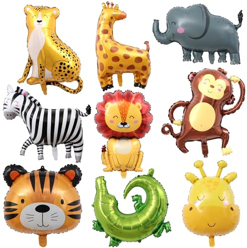 9 Stück Folienballon Tiere, Dschungel, Helium Ballons, Kindergeburtstag | 9 Tierballons, Hirsch, Tiger, Löwe & Safari Tiere, Alufolie, selbstversiegelnd, wiederverwendbar, für Kindergeburtstag