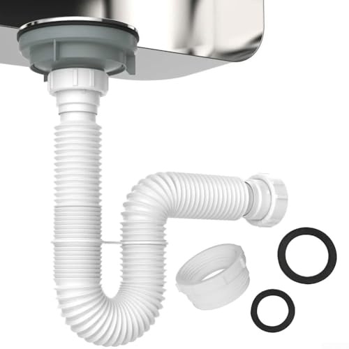 Kit di prolunga flessibile per tubo di scarico per lavello con adattatori da 1-1/2 pollici e 1-1/4 pollici, per cucina, bagno, lunghezza regolabile 20-80 cm, bianco