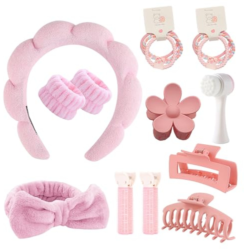 WhaleO 16 Stück Haarband Kosmetik Handgelenk Waschband Abschmink Haarband Schminken Skincare Set Kosmetik Stirnband Spa Stirnband Yoga Sport Dusche Haircare Set, Rosa