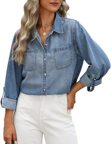 CMTOP Chemise Femme à Manches Longues Chemisier Jeans Chic et Élégant Blouses Col en V Décontracté Veste en Jean Hauts Bouton Tunique Tops avec Poche Automne Printemps