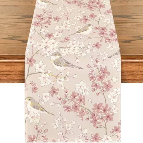 BSITSSS Pink Table Runner 183 x 33cm, Flower Birds Table Runners for Dining Tables, Tables Decor Sakura Robin for Home Dining Wedding Birthday Holiday Party Decor