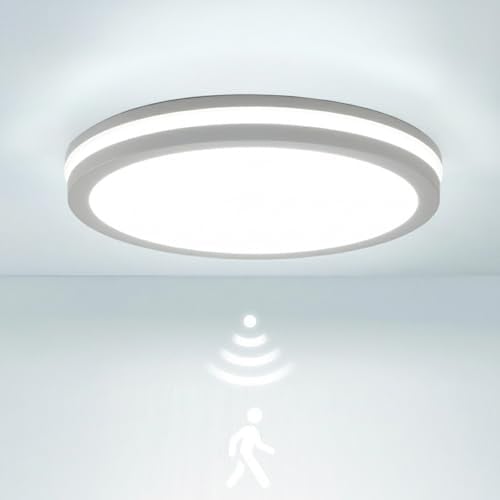 LEZOE LED Deckenlampe mit Bewegungsmelder IP65 Wasserdicht, 12W/18W 2700lm 150(Lm/W) Sensor Deckenleuchte 3000K/4000K/6500K Feuchtraumleuchte Ideal für Bad, Garage, Keller, Garten, Balkon, Diele Ø22cm