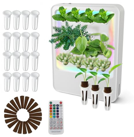 cimsfcor Hydroponics Growing System 16 Pods, Indoor Herb Garden with LEDs Grow Light, Soil-free Plants Keimung Kit Automatische Bewässerung mit Wachstumsschwamm, APP-Steuerung für Pflanzenliebhaber