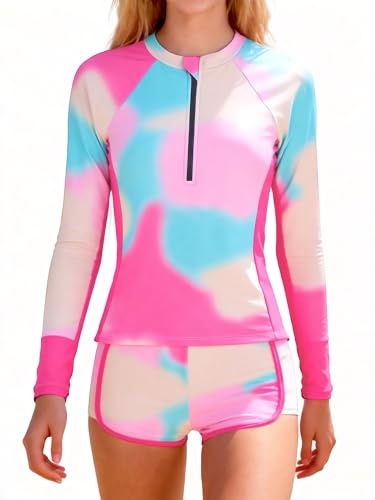 JiAmy Girls Rash Guard Swimsuit 2 Piece Set 9-10 Years, Bright Pink