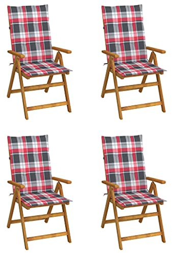 Ordellia Hochlehner Verstellbar 4er Set, Akazienholz Massiv, Klappbar, Gartenstuhl mit Rot Karierten Auflagen, 5-Fach Verstellbar für Balkon, Terrasse, Garten
