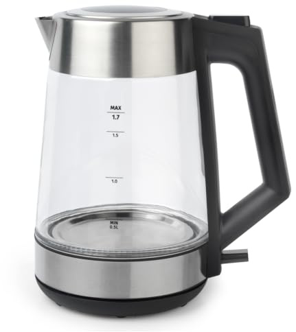 Salter Colour Changing Glass Kettle, 1.7 L, 2200 W, Blue-Red LED | Transparent glass body, water level markings, removable limescale filter, flip-top lid, 360-degree swivel base, BPA-free
