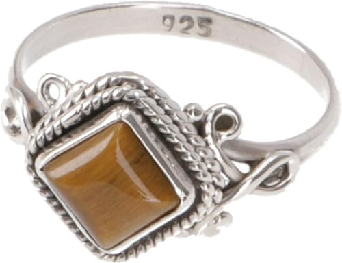 Boho Silberring, filigraner Edelsteinring mit rechteckigem Stein, Tigerauge