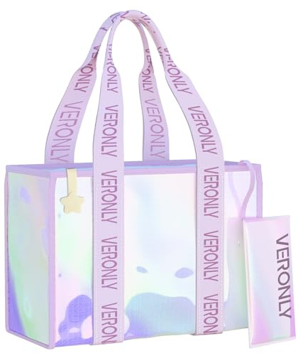 VERONLY Bolsa de playa transparente para mujeres y niñas, grande e impermeable, con bolsa, ideal para piscina, viajes y vacaciones (bolsa de playa morada), Gradiente Púrpura