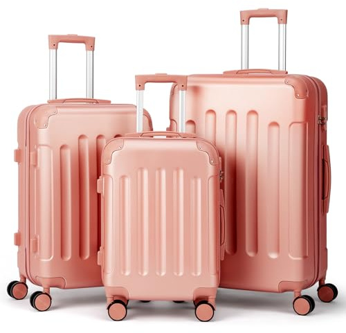 LALAHO Kofferset Koffer Set 3 teilig Hartschale (Roségold) | Reisekoffer mit Rollen Groß, Koffer Set 3 Stück aus ABS, Handgepäck Koffer