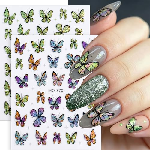 Colorful Butterfly 5D Embossed Nail Art Stickers - Self-Adhesive Holographic Butterflies Design Nail Decals for DIY Nail Art Decorations, Nail Supplies for Women Girls