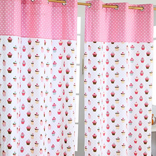 Homescapes Kindervorhang Mädchen Kinderzimmer Ösenvorhang Dekoschal Cup Cakes 2er Set pink blau 137 x 182 cm (Breite x Länge je Vorhang) 100% Reine Baumwolle