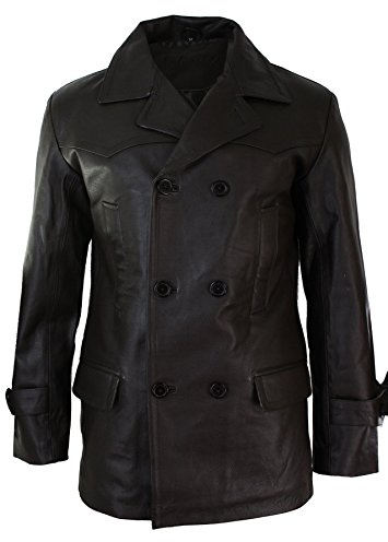 Mens Real Leather 3/4 Double Breasted Pea Coat Sherlock Sailor Classic