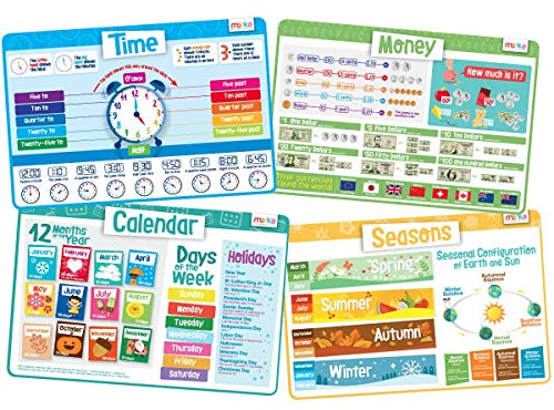 merka Lern-Tischsets für Kinder, Wiederverwendbare, rutschfeste Silikon-Kunststoff-Matten für den Esstisch, EIN Lernwerkzeug für Kleinkinder (Zeit, Geld, Kalender, Jahreszeiten, 17 x 11)