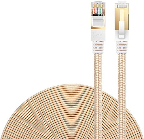 DanYee Gold 66FT Cat 7 Ethernet Cable, 20M/66FT Nylon Braided High Speed Professional Lan Cable with RJ45 Plugs, STP Wires, Supports 10Gbps Data Transfer, Compatible with Computer, Router, Switch
