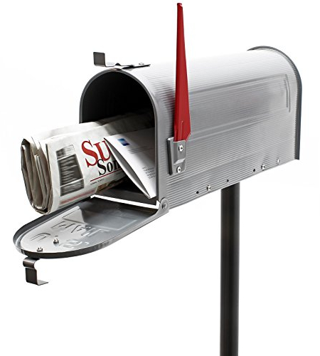 Wiltec Kit Boîte aux lettres américaine et pied de support, 180 x 220 x 480 mm, Gris argenté, Acier galvanisé, Boîte postale US Mailbox avec fanion rouge