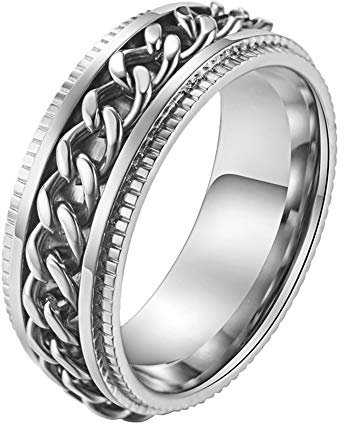 PAURO 8mm Spinner Embosser Centre Chaîne Bague Homme Acier Inoxydable Argent Taille 60