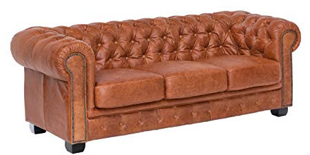 Woodkings® Chesterfield Sofa 3-Sitzer Vintage Echtleder Couch Bürosofa Polstermöbel 3 Sitzer antik Designsofa Federkern Unikat Herrenzimmer englisches Leder Stilsofa Clubsofa (Cracker braun)
