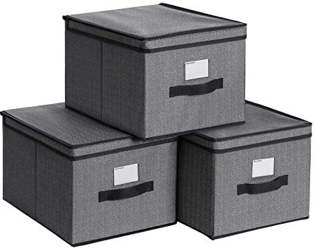 SONGMICS Set of 3 Storage Boxes, Folding Storage Organiser with Lid and Label Holder, 40 x 30 x 25 cm, Linenette Non-Woven Fabric, Black RFB003B01