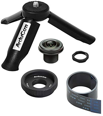 Arducam Set di obiettivi fisheye M12 a 180 gradi per fotocamera Raspberry Pi HQ, obiettivo grandangolare con treppiede portatile e cavo per fotocamera nero da 60 cm