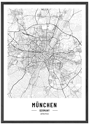 JUNOMI® München Poster DIN A2 Schwarz Weiss, DIN A2 Wohnzimmer Deko, Modernes Wandbild, München Bild, Wandbild ohne Rahmen, Stadtplan Poster München, perfekte Geschenkidee für Münchener