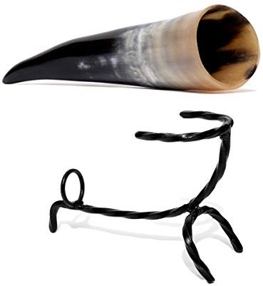 Brillibrum Design Trinkhorn Becher echtes Kuhhorn poliert mit Griff Wikinger Becher Trink-Gefäß aus Horn Bierkrug Mittelalter Unikat Horntasse Met (400 ml, Kuhhorn poliert mit Ständer)