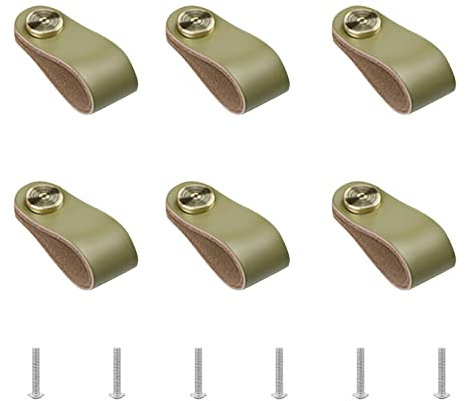 GORGECRAFT 6Pcs Leather Drawer Pull Nordic Wardrobe Cabinet Door Handle with Nut Screws for Cabinets Cupboards Wardrobe Dresser - 140x25mm, Olive