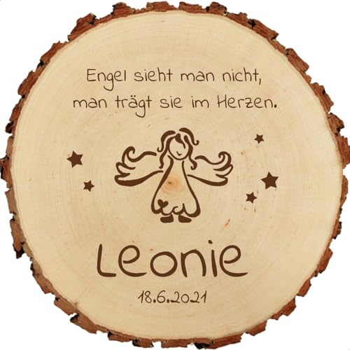 Baumscheibe 23cm mit Gravur (Namen, Datum) personalisierte Holz-Gedenktafel, Sternenkinder Grabschmuck, Trauer Andenken an verstorbene Kinder, Gedenkschild, Grab-Dekoration, Engel Sternen MotivTR2