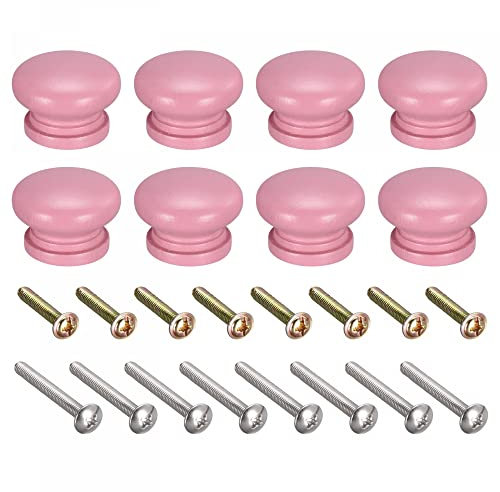 sourcing map Round Wood Knobs, 8pcs 33x23mm Pull Handles for Drawer with Screws Pink