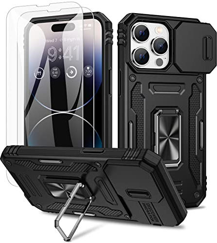 Doeshine Hülle für iPhone 14 Pro Max 6.7, Handyhülle mit Slide Kameraschutz, Metall 360°Drehbarer Magnetische Ständer, Anti-Kratzfestes, Militär Stoßfest Case für iPhone 14 Pro Max (Schwarz)