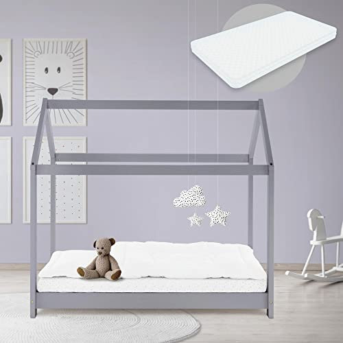 ML-Design Kinderbett 70x140 cm Hellgrau mit Matratze, Dach und Lattenrost, Hausbett für Mädchen und Jungen, Kinderhaus aus Kiefernholz, Bodenbett Jugendbett, Kinder Bett, Bettenhaus Spielbett Holzbett