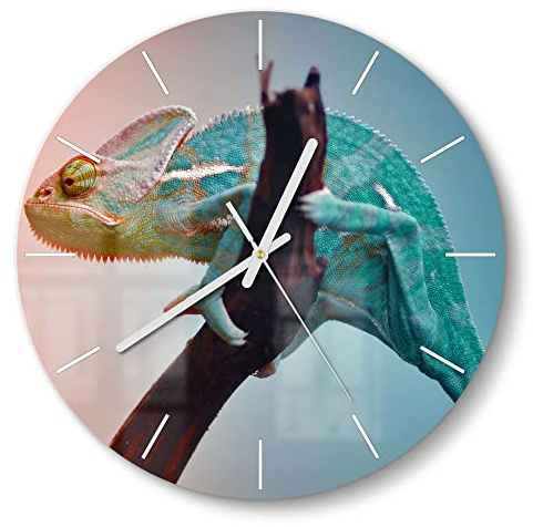 DEQORI Glasuhr | rund Ø 30 cm | Motiv Chamäleon auf AST | ausgefallene leise Design Uhr aus Glas | Wanduhr für Wohnzimmer & Küche | Moderne Hingucker Uhr für die Wand