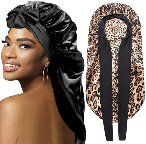 2 cofani da donna in treccia, grande e lungo in raso per trecce, cuffia in seta con fascia elastica per dormire, 2 pezzi, nero e leopardato