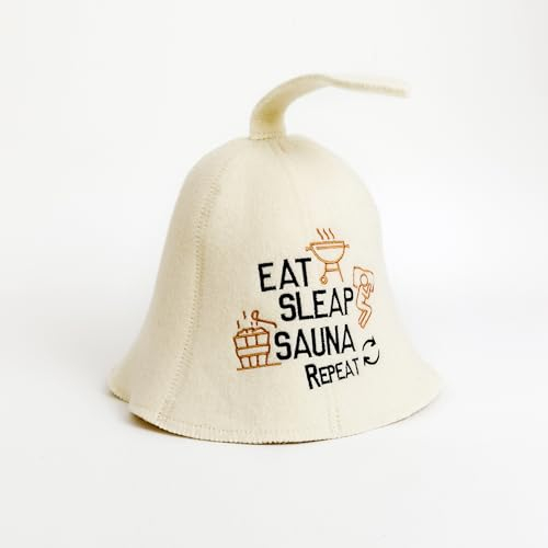 SAUNA GURU Natural Textile Capello da Sauna 'Eat Sleep Sauna Repeat' Bianco - Cappelli in feltro di lana biologico 100% - Proteggi la tua testa dal calore - Guida eBook per Sauna in inglese incluso