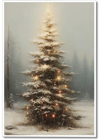 XMQQLL Vintage Weihnachtsbaum Leinwand Wandkunst, beleuchteter Weihnachtsbaum, Gemälde, Poster, gedämpft, neutral, stimmungsvoll, rustikal, Winter-Bilddrucke für Wanddekoration,