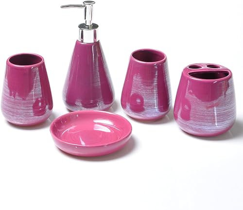 VECNUM Keramik Perlglasur Badset Badezimmer Zubehör Set Mit Seifenspender, Zahnputzbecher, Seifenschale, Zahnbürsten-Halter,5Pcs,Lila
