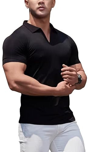 palglg Uomo Polo Camicie Collo a V T-Shirt Sportive Manica Corta Muscolo Fitness con A Costine Lavorare a Maglia Nero L