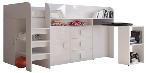 MEBLE KRYSPOL Toledo 1 Hochbett für Kinder, Jugendliche mit Stauraum - Etagenbett mit Schreibtisch, Kleiderschrank, Regal, Schubladen, Treppe - 203,3x106,6x125 cm - Weiß, Weiß, Weiß