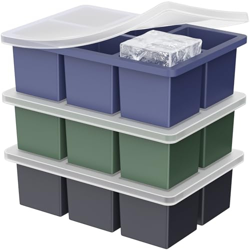 Large Ice Cube Tray for Whiskey: 2 Big Silicone Ice Tray with Lid for Whisky - 3Pack Old Fashioned Ice Cube Trays for Cocktail - Huge Square Cubed Bourbon Ice Cube Maker
