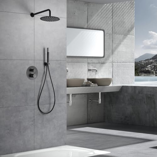 IMEX - Ducha Empotrada Negra Termostática | Kit de Grifería Empotrado con Alcachofa y Rociador Antical Efecto Lluvia | Columna Ducha Empotrada con Grifo en Latón y Acero Inox S.304 | Serie Line
