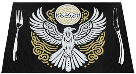 Wikinger Rune Rabe Odin nordische, keltische Tischsets aus PVC, rutschfest, rechteckig, für Küche, Esstisch, Wärmeisolierung, 45 x 30 cm